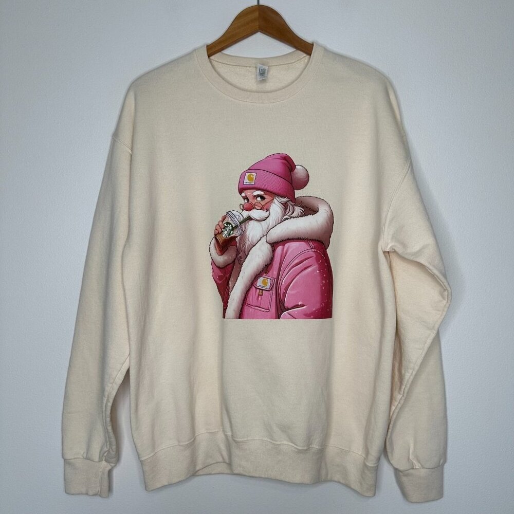 Jerzees Santa Claus Sweatshirt Size L‎ Beige Crew neck Cotton Blend